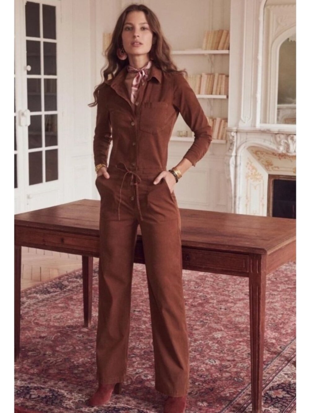 NEW Sezane Benny Wide-Leg Utility Jumpsuit Long-Sleeve Cafe Brown Tie-Waist US2